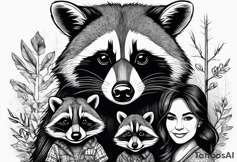 Very detailed Raccoon Husband with wife and child.
Background House and woods tattoo idea