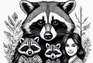 Very detailed Raccoon Husband with wife and child.
Background House and woods tattoo idea