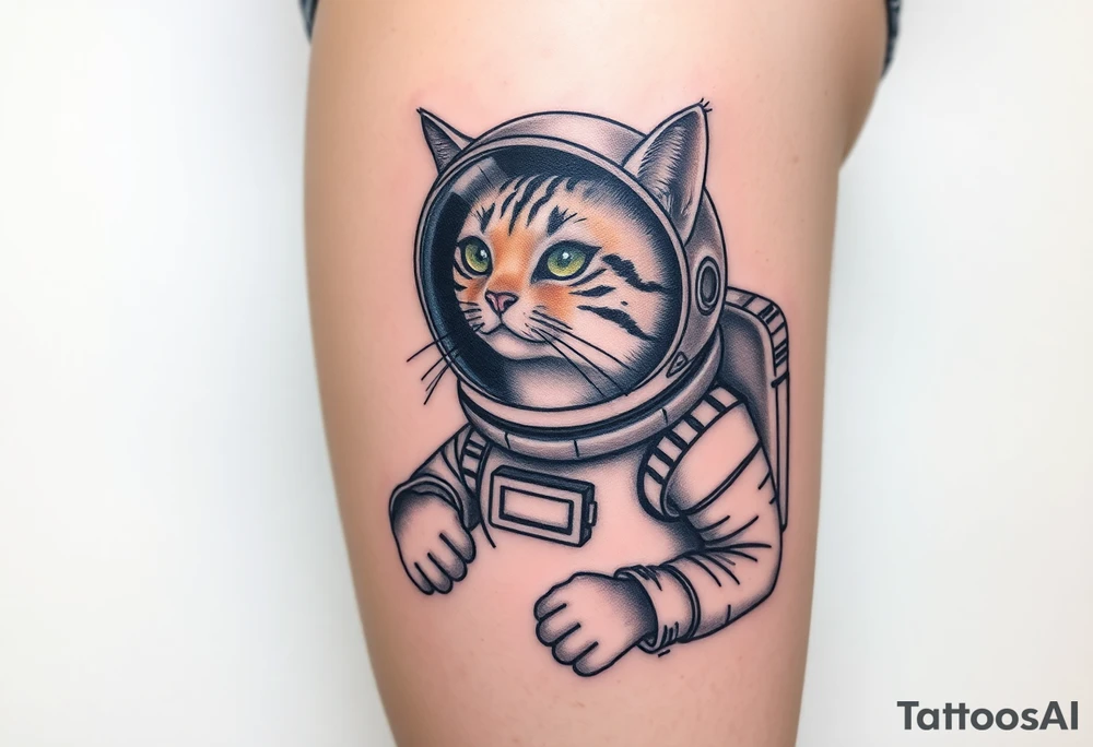 Cat with astronaut suit in outer space tattoo idea