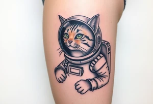 Cat with astronaut suit in outer space tattoo idea