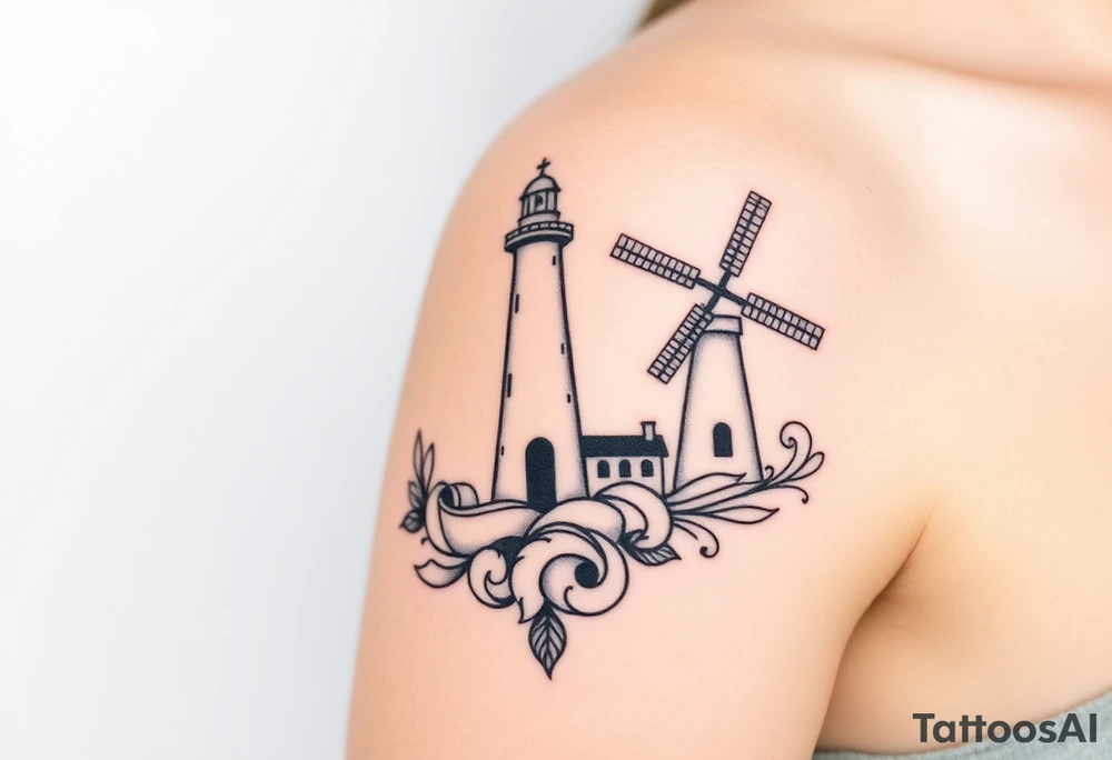 Merge halves of a lighthouse and windmill tattoo idea