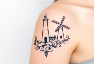 Merge halves of a lighthouse and windmill tattoo idea