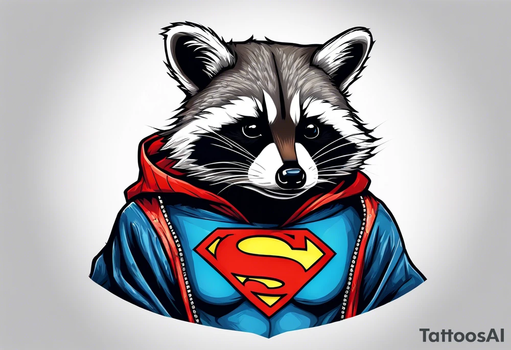 raccoon wearing a Superman hoodie tattoo idea