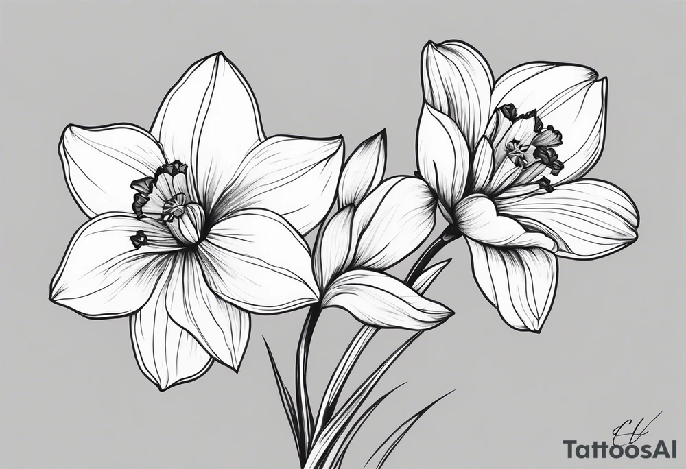 Black line work, delicate, small narcissus flower with stem, add cursive uppercase I, finger tattoo tattoo idea