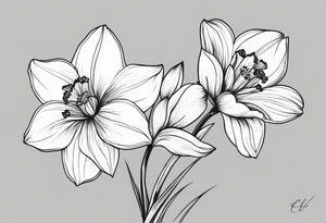 Black line work, delicate, small narcissus flower with stem, add cursive uppercase I, finger tattoo tattoo idea