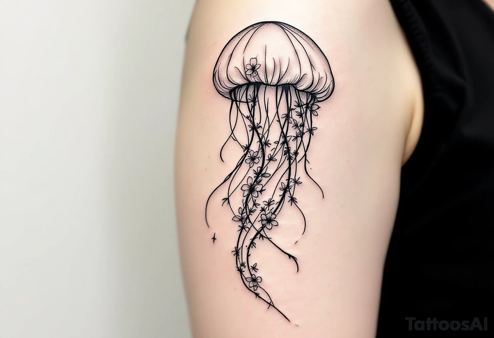 fine-line tattoo, single jellyfish, flowers butterflies composition, jellyfish bell blossoms, butterfly wing dome, flowing trailing tentacles, floral vine tentacles, tentacle streamers, overlapping blossom bell, minimalist elegant design, nature-inspired, delicate black grey lines, soft shading, no outlines, outline-free design, floral jellyfish, botanical sea creature, organic flow, upper arm shoulder placement, light airy feel, poetic minimalism, vine-shaped tentacles, petal tentacle flow, blossom bell composition, wing dome structure, delicate linework, soft botanical shading, nature creature fusion, minimalist intricacy, elegant simplicity, flowing organic movement, shoulder arm curve, lightweight design, subtle detail work, refined botanical elements, understated complexity, clean minimalist lines, gentle nature fusion, trailing floral streamers, jellyfish bell florals, butterfly wing bell, flowing tentacle vines tattoo idea