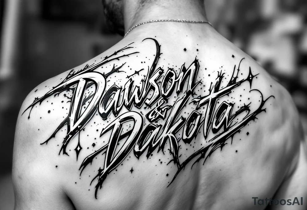 Dawson and Dakota names in a graffiti into a full tattoo sleeve tattoo idea