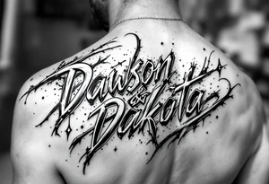 Dawson and Dakota names in a graffiti into a full tattoo sleeve tattoo idea