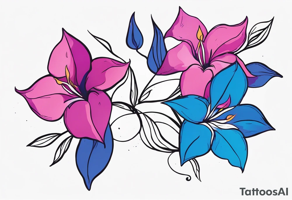 brushstroke abstract pink, purple, and blue mandevilla flowers on a vine, with color leaking out into the background. SOme of the flowers should be full color, and some just linework. It should have a handdrawn, sketch feel. tattoo idea