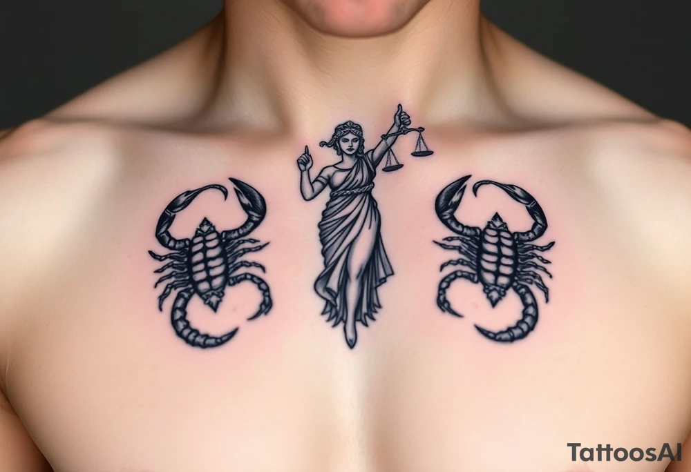 The figure of Lady Justice next to two Scorpions tattoo idea