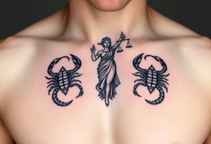 The figure of Lady Justice next to two Scorpions tattoo idea