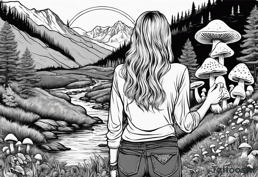 Whole picture encircled fully

Straight long blonde hair hippie girl in distance holding mushrooms in hand facing away toward mountains and creek surrounded by mushrooms long sleeve shirt and hiking pants; whole rendering within a full circle, no cut off circle tattoo idea