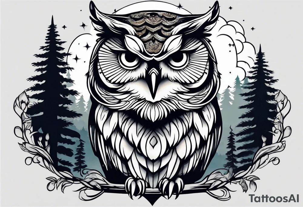 Owl tiger underneath a full moon in a forest tattoo idea