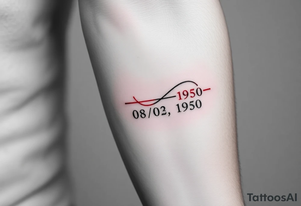 “Quero uma tatuagem no antebraço, simples e pequena. Deve ter a data de nascimento do meu avô 08/03/1950 escrita em vermelho, seguida de um traço reto e, à frente, o símbolo de infinito em preto com detalhes em branco. O design deve ser minimalista, com letras elegantes e proporcionais, mantendo um aspeto discreto.” tattoo idea