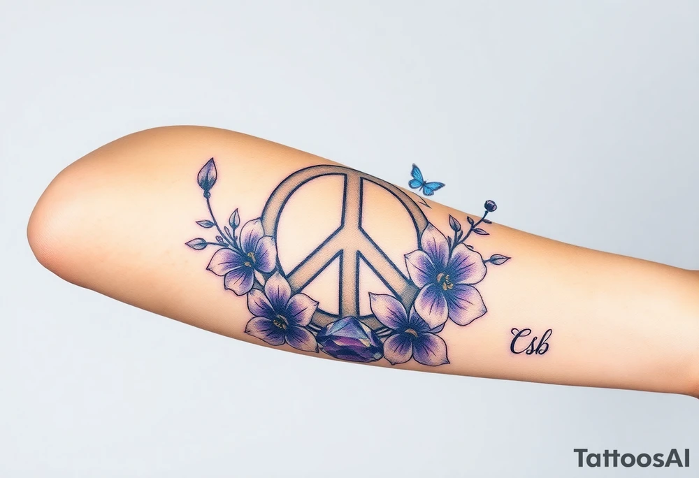 peace symbol intertwined with violets Pisces symbol, dog prints, amethyst, initials csb in cursive font tattoo idea