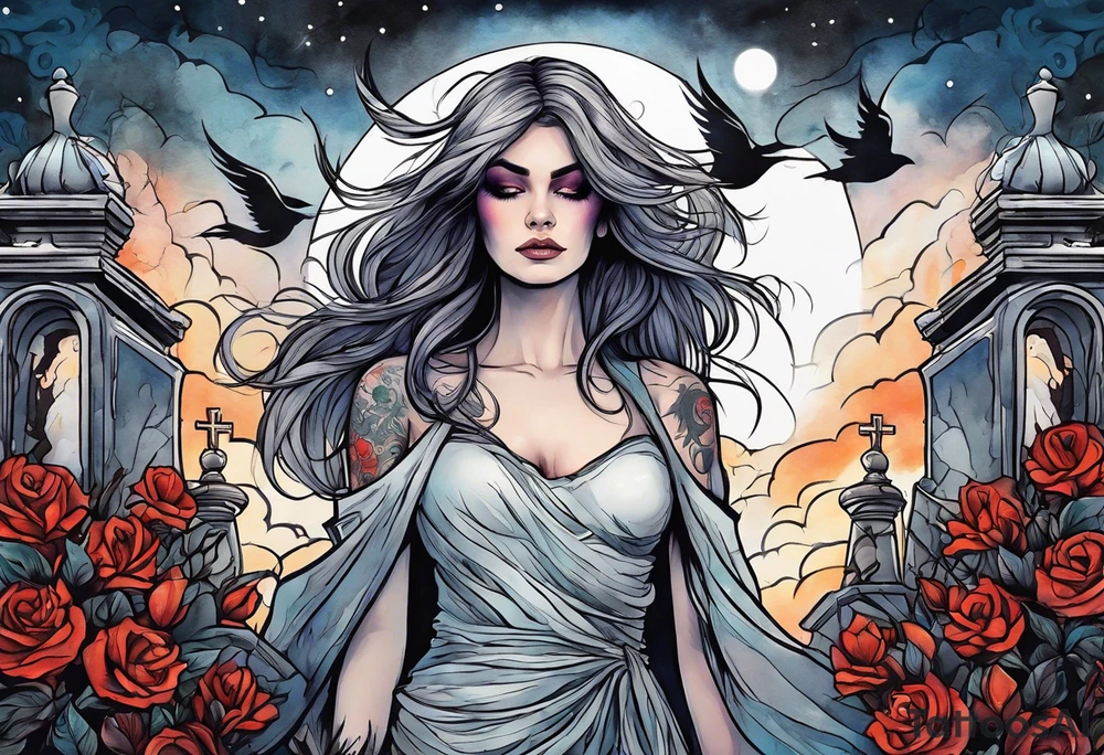Woman walking out of a graveyard  leaving her old terrifying past behind her ethereal and mysterious tattoo idea