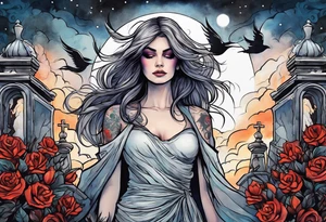 Woman walking out of a graveyard  leaving her old terrifying past behind her ethereal and mysterious tattoo idea