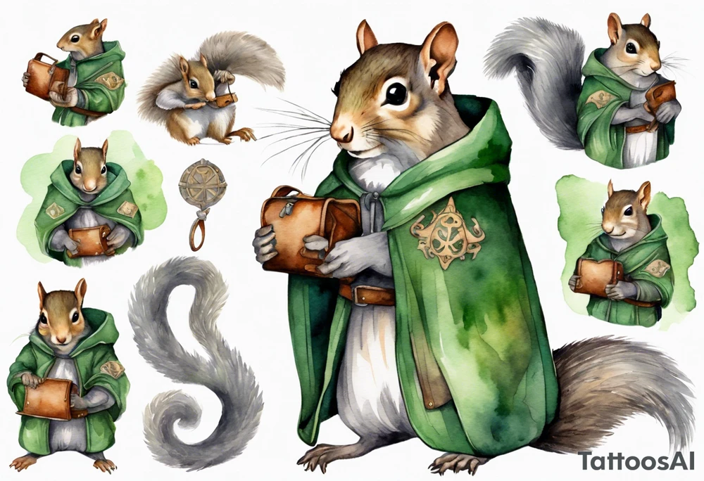a grey squirrel dressed in a grey and green tunic wearing a medieval messenger bag tattoo idea