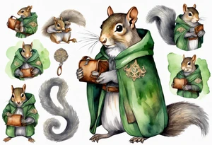a grey squirrel dressed in a grey and green tunic wearing a medieval messenger bag tattoo idea