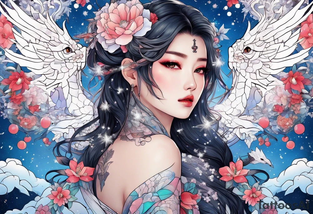 Constellation, wing , snow , cross , dragon female japan kawaii , flower tattoo idea