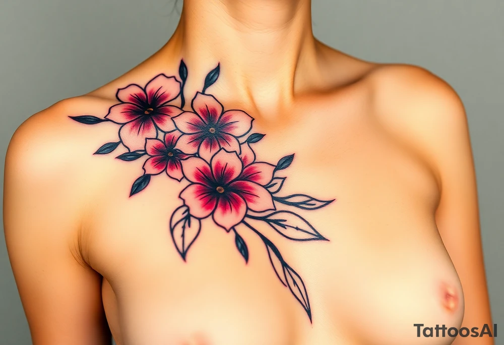 This is a tattoo of a string of flowers in bloom and is on a woman. It starts on her left side of the chest on the pectoral with a Glaiolus and Daisy pushed together. The tattoo rises over the left shoulder and down the arm and ends at the elbow. The tattoo will feature a primroses, Calla Lilys, and Lillys. They can have multiple flowers but 1 of each will pop with shading and be colored in. tattoo idea