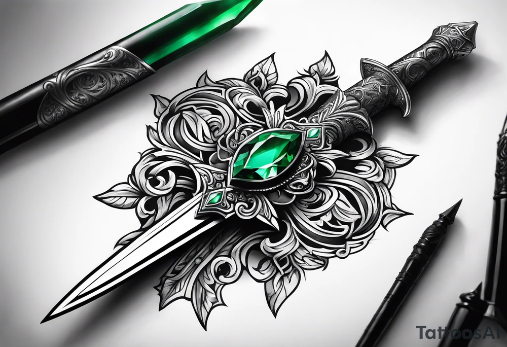 An athame dagger with the hilt turned upward and an emerald gemstone on the hilt not on the blade tattoo idea