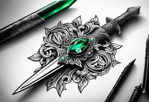 An athame dagger with the hilt turned upward and an emerald gemstone on the hilt not on the blade tattoo idea