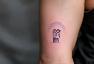 A fine-line tattoo of a father and daughter embracing, filled with soft lavender and blush tones. tattoo idea