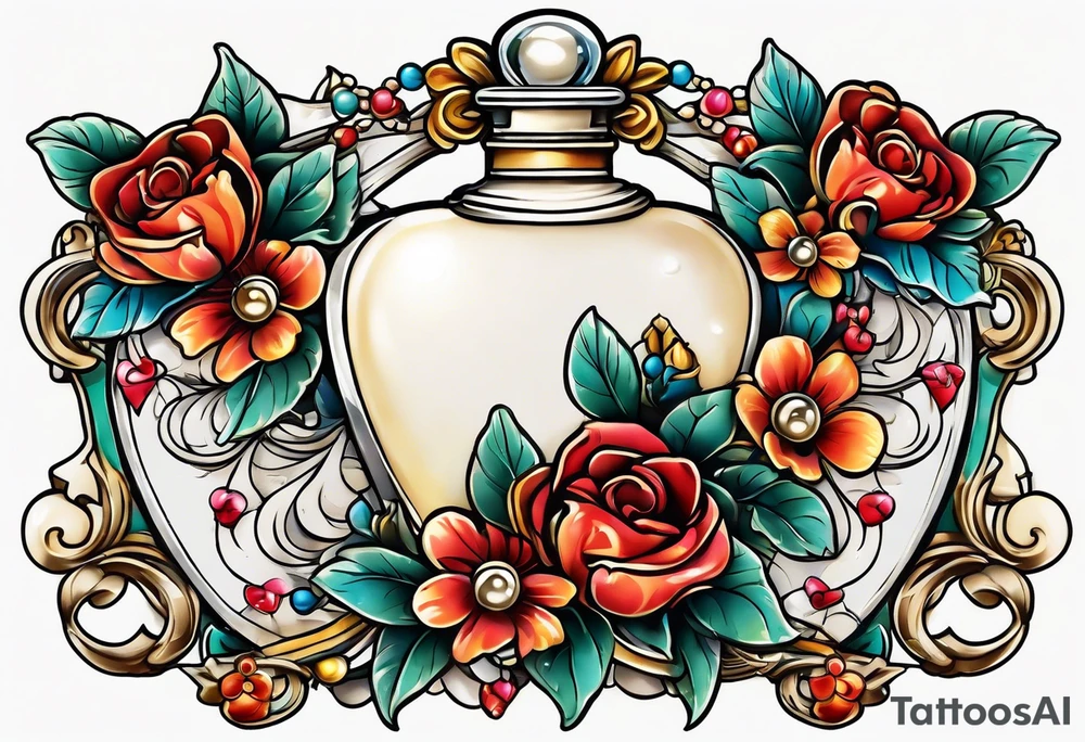 Pearl necklace wrapped around 1950s perfume bottle with flowers and bows surrounding tattoo idea