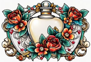 Pearl necklace wrapped around 1950s perfume bottle with flowers and bows surrounding tattoo idea