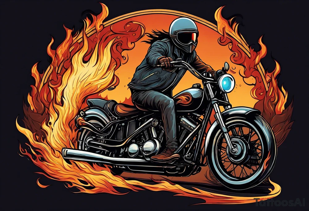 A single eyeball with arms & legs & a mustache riding a motorcycle with flames coming out the pipes. The rider should be face on and there should be a desert scene in the background tattoo idea