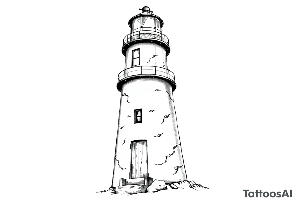 Lighthouse with beams of light with a few windows and an old door with tattoo idea