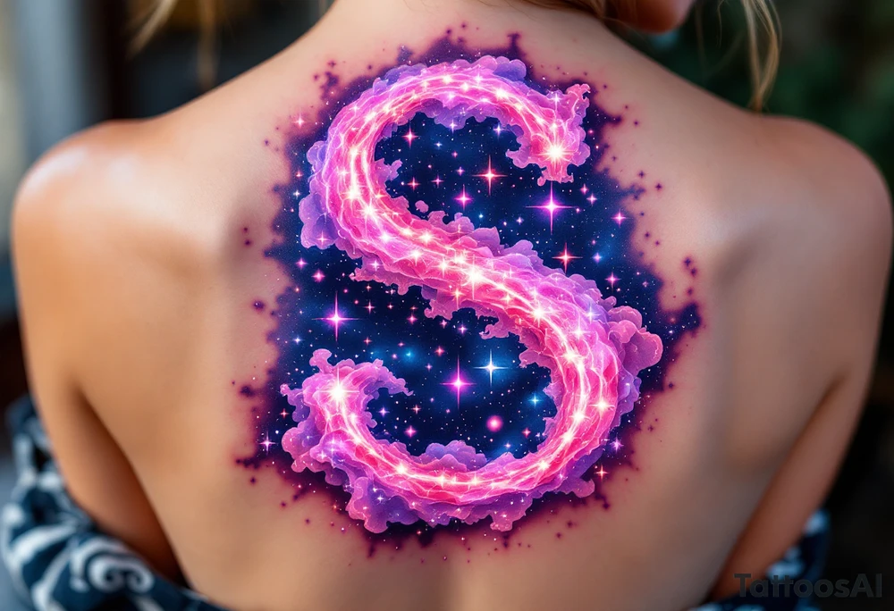 A cosmic nebula "S" in pinks and purples with stars and glowing dust clouds. tattoo idea