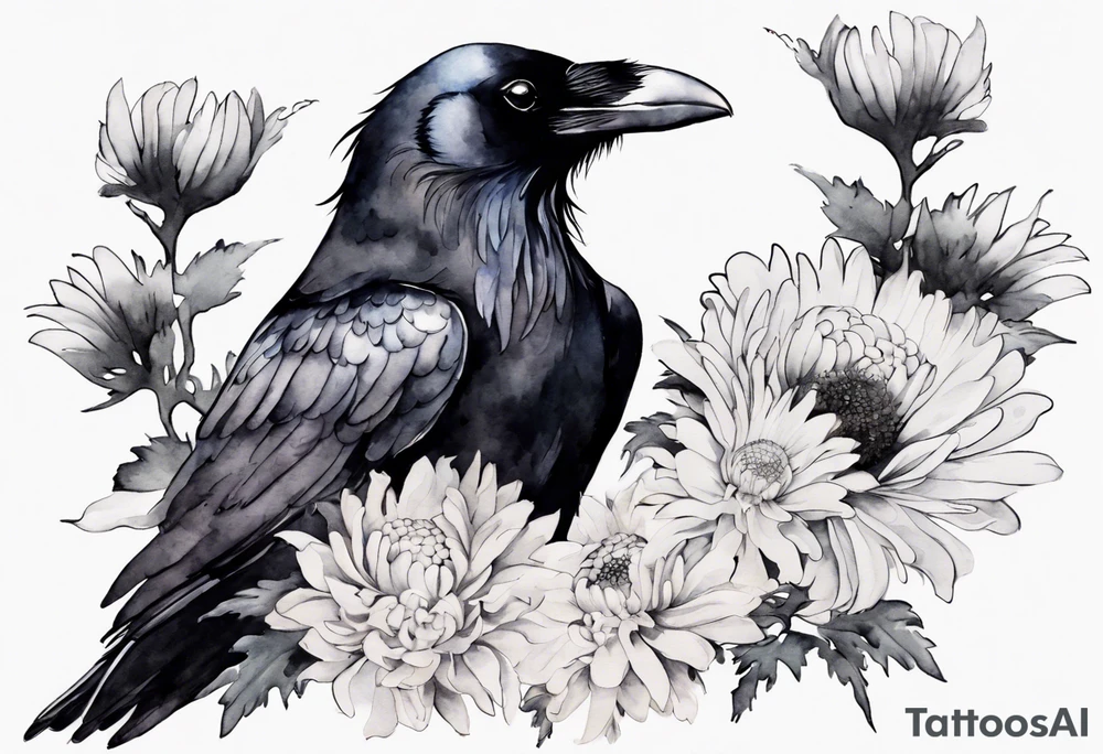 a raven with a white chrysanthemum headband tattoo idea