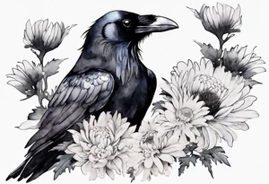 a raven with a white chrysanthemum headband tattoo idea