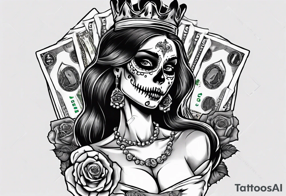 santa la muerta with money and crown
on the card tattoo idea