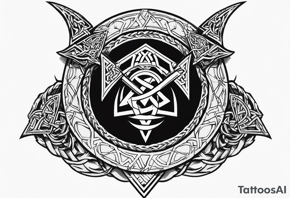 Valhalla sword shield dragon axe Valknut barbed wire chains tattoo idea Valhalla sword shield dragon axe Valknut barbed wire chains tattoo idea