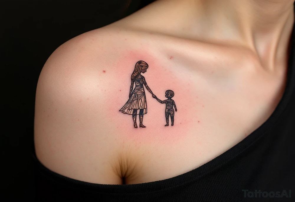 Parent and child silhouette beneath written "Barbora – 4.3.2018 v 16:45", drawn in warm brown lines. tattoo idea