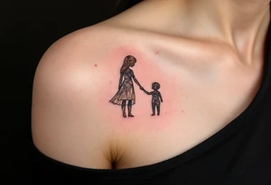 Parent and child silhouette beneath written "Barbora – 4.3.2018 v 16:45", drawn in warm brown lines. tattoo idea