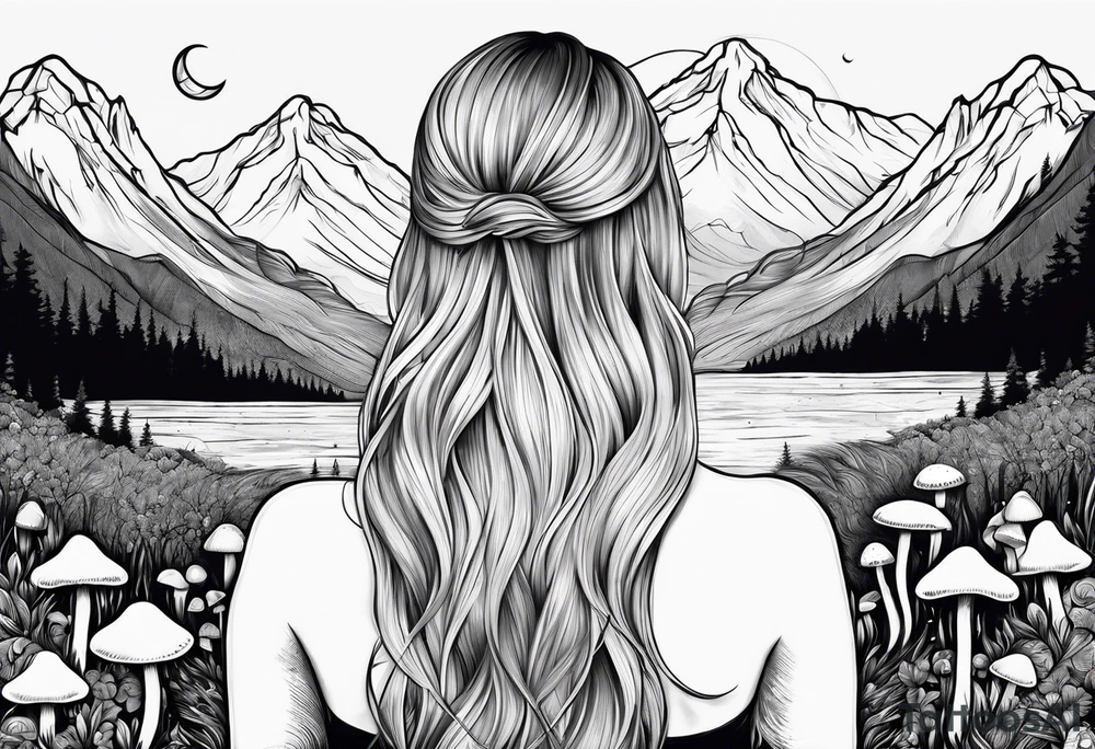 Straight blonde hair girl facing away mountains surrounded by mushrooms crescent moon tattoo idea