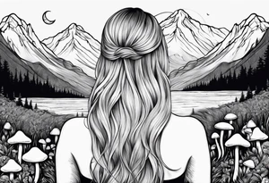 Straight blonde hair girl facing away mountains surrounded by mushrooms crescent moon tattoo idea