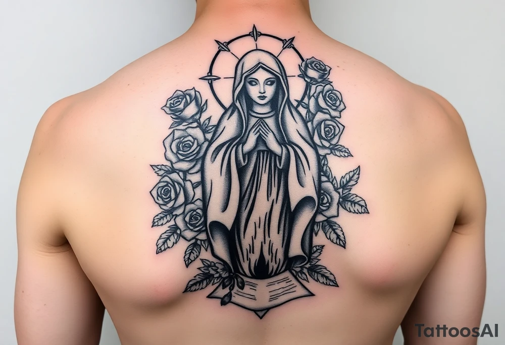 Mother mary with roses around her head, and a burnt up paper under her feet tattoo idea