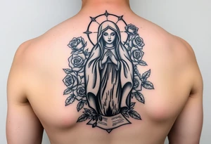 Mother mary with roses around her head, and a burnt up paper under her feet tattoo idea
