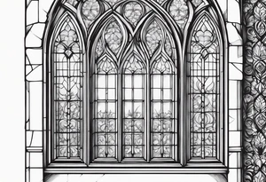 gothic, cathedral style window with intricate detail of windowsill, blacked out frames, long and skinny tattoo idea