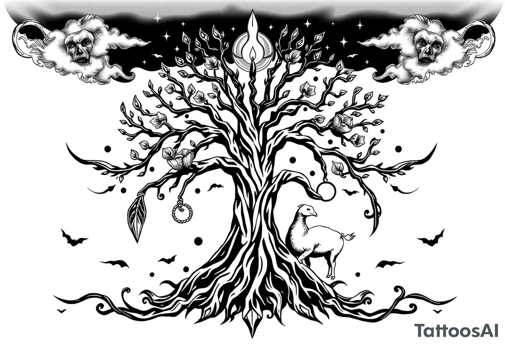 mystical tree of life with cosmic roots and celestial branches fat naked sexy woman , peacock , pig , cupcakes, liquor, cigerette, Storm clouds, pig, peacock , fat sexy naked fat woman, cupcakes, noose , money, goat lion, couple having sex, cigerette storm lightening, killing, darkness death, violent majestic creatures tattoo idea