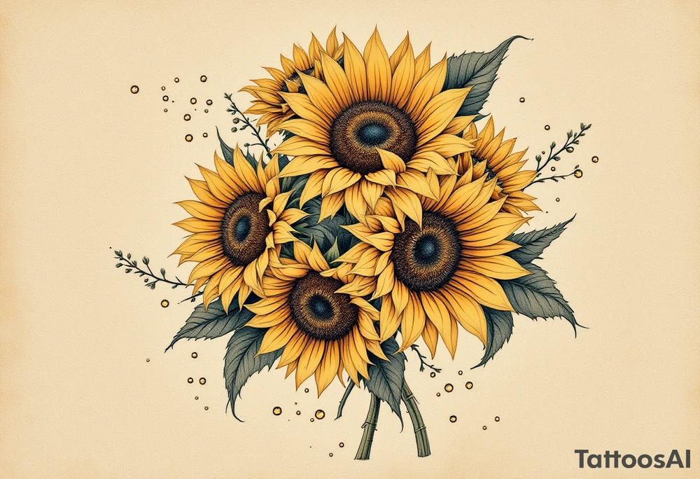 vintage bouquet of sunflowers with morning dew tattoo idea