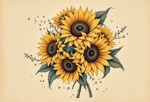 vintage bouquet of sunflowers with morning dew tattoo idea