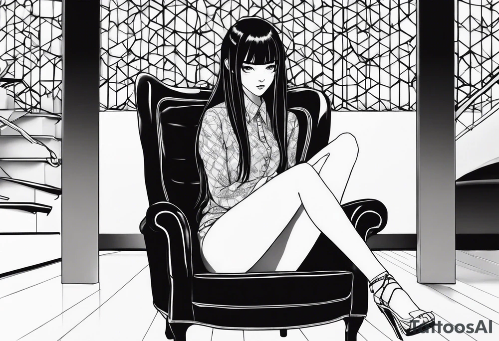 Portrait of tomie sitting on a chair. Tomie is a character of the autor junji ito tattoo idea