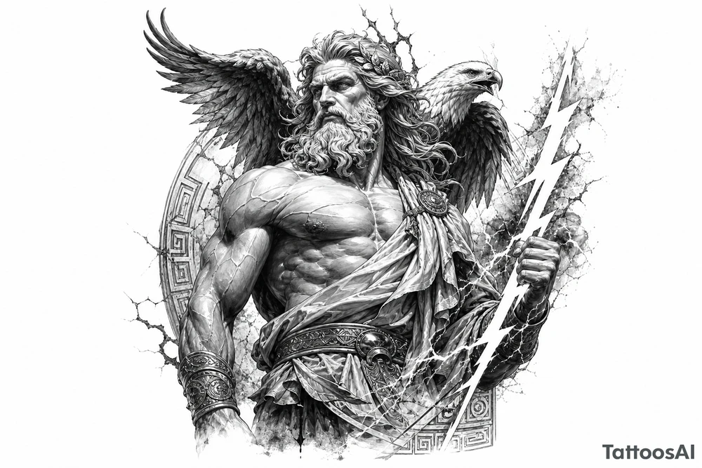 Zeus, king of the gods, lightning bolt, eagle, Greek mythology style. tattoo idea