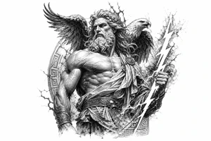Zeus, king of the gods, lightning bolt, eagle, Greek mythology style. tattoo idea